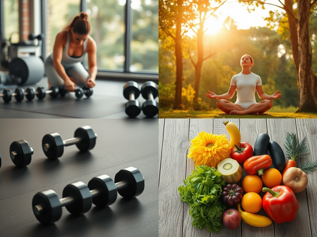 "A fitness enthusiast preparing a healthy meal" "Weights and dumbbells on a gym floor" "A focused person meditating outdoors at sunrise" "Bright, fresh vegetables and fruits arranged artistically" "Calm, motivational atmosphere with natural light filterin