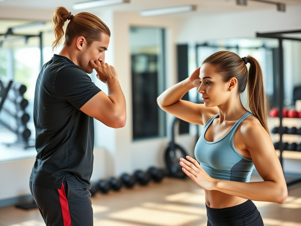 A focused personal trainer guiding a client through precise workout movements in a bright gym, emphasizing posture and breathing, with dynamic muscle activation and core stability exercises.