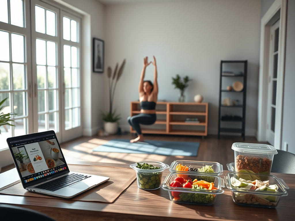 A serene home gym with "a person exercising on a yoga mat," "a laptop showing a fitness app," "healthy meal prep containers on a table," and "natural sunlight streaming through windows."