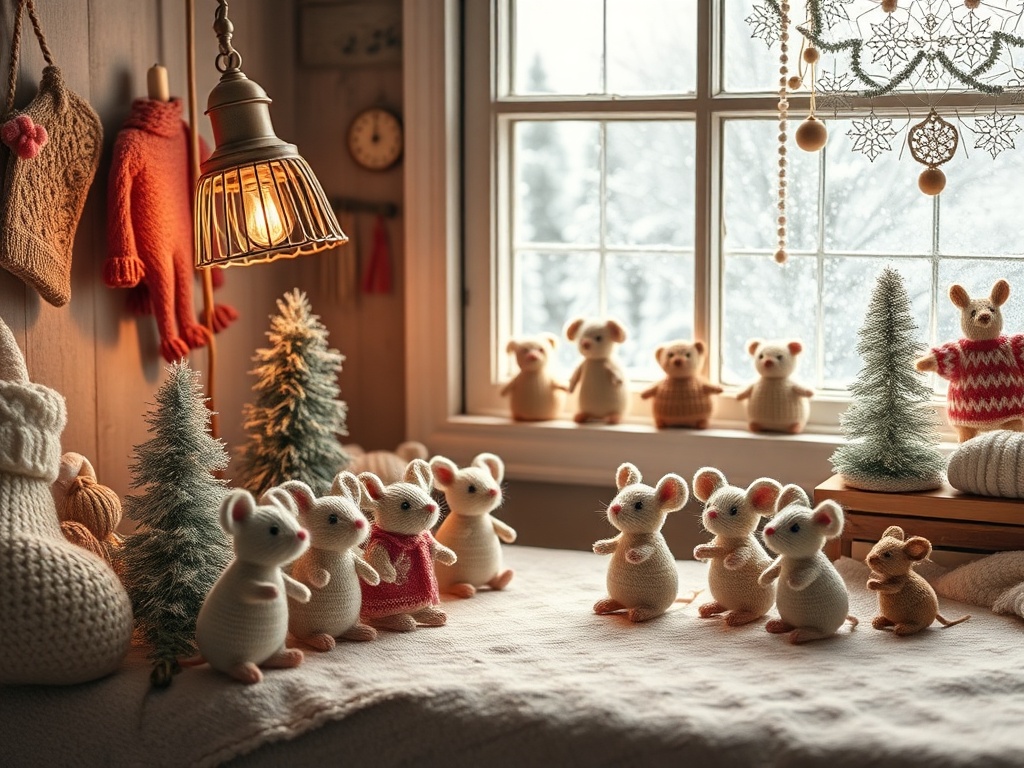 "A cozy, gauzy workshop scene with tiny knitted mouse Christmas figures, a warm lamp, soft shadows, and a snowy window backdrop, intricate patterns displayed." You MAY only use up to 25 words.