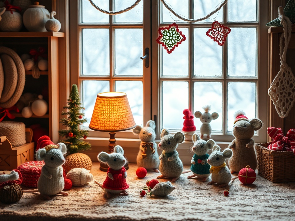 "A cozy, gauzy workshop scene with tiny knitted mouse Christmas figures, a warm lamp, soft shadows, and a snowy window backdrop, intricate patterns displayed." You MAY only use up to 25 words.