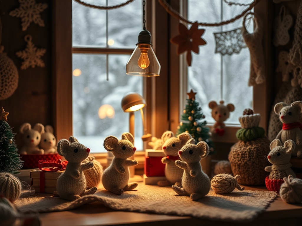 "A cozy, gauzy workshop scene with tiny knitted mouse Christmas figures, a warm lamp, soft shadows, and a snowy window backdrop, intricate patterns displayed." You MAY only use up to 25 words.