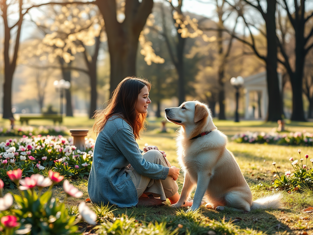A serene woman and her dog sitting in a sunlit park, surrounded by blooming flowers and tall trees, sharing a peaceful moment.