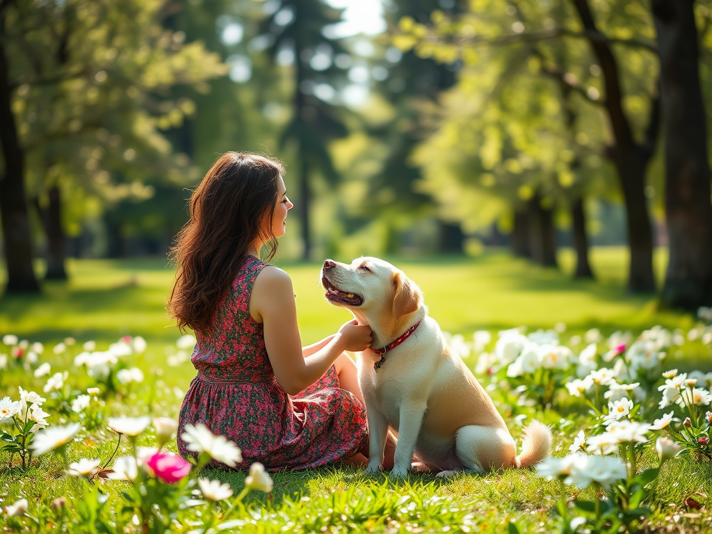 A serene woman and her dog sitting in a sunlit park, surrounded by blooming flowers and tall trees, sharing a peaceful moment.