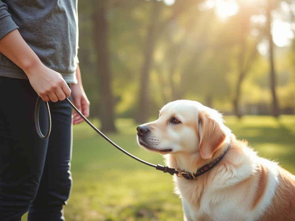 "A calm person gently holding a dog's leash" "peaceful outdoor park setting" "harmonious interaction between human and dog" "soft sunlight filtering through trees" "expressions of trust and connection"