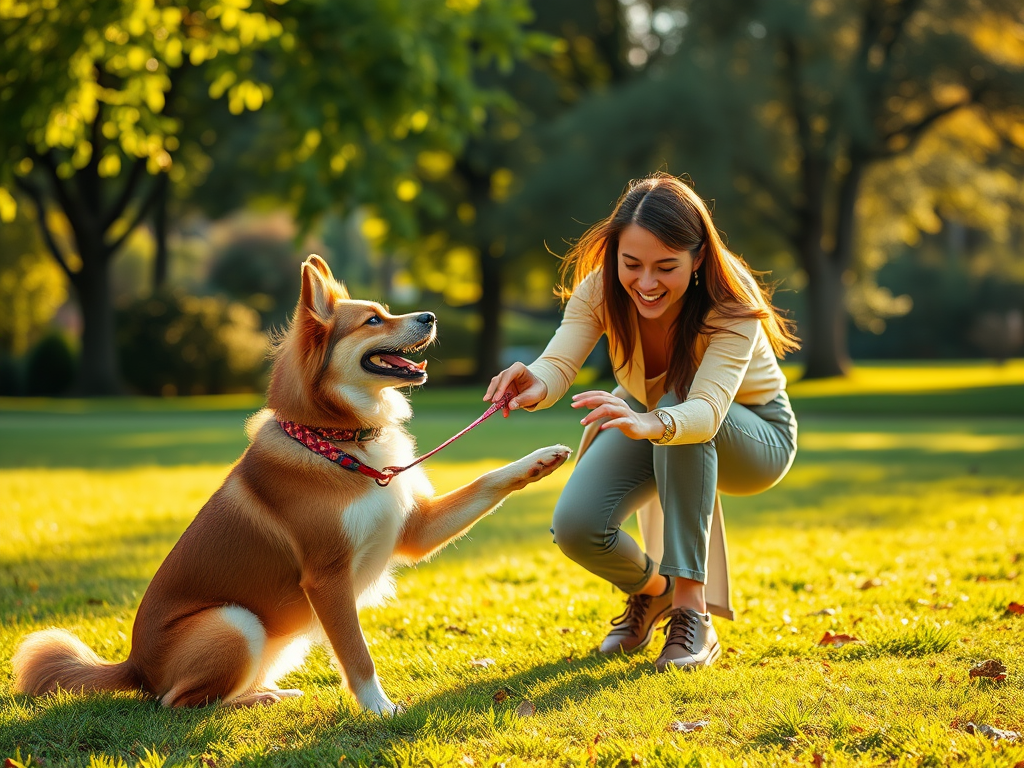 "a joyful dog and owner playing together in a sunny park" "engaged in learning commands with attentive expressions" "bonding during gentle physical exercises under warm golden light" "lush green surroundings, happy, relaxed atmosphere"