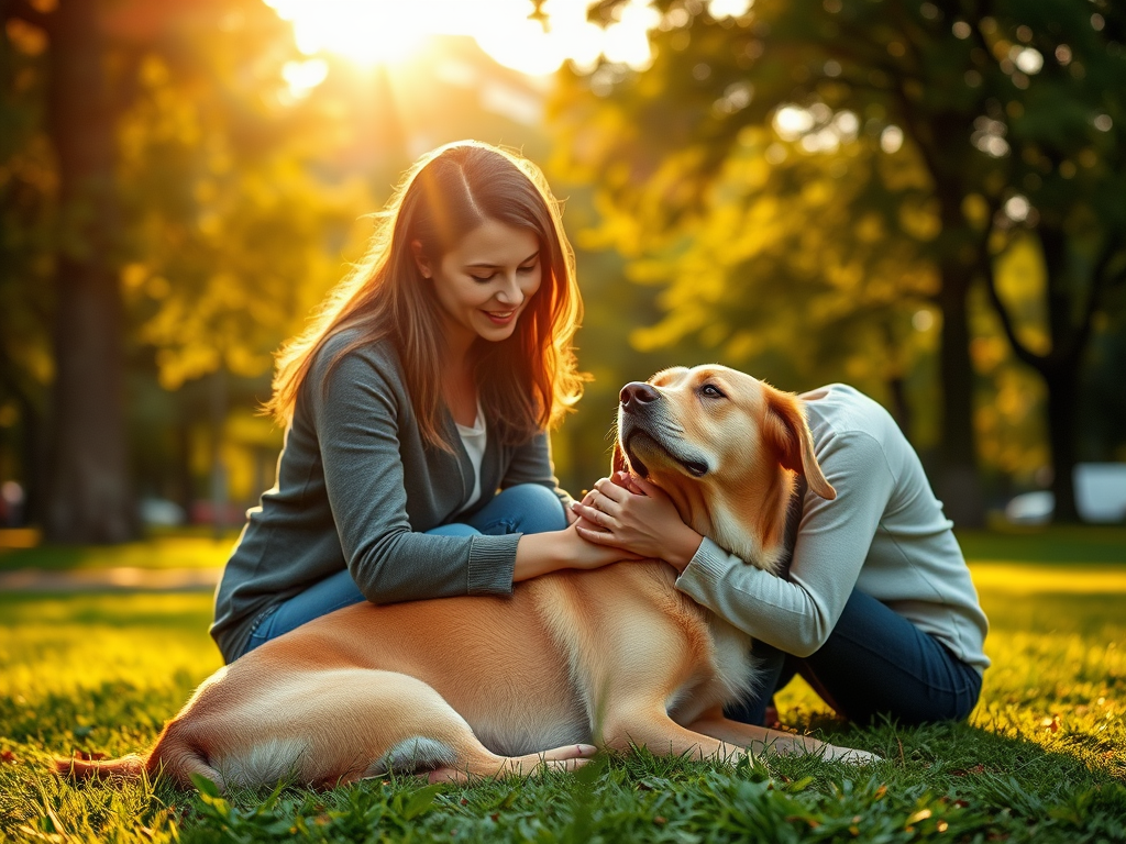 A calm woman gently petting her relaxed dog in a sunlit park, warm golden light, peaceful expressions, lush green trees, serene atmosphere.