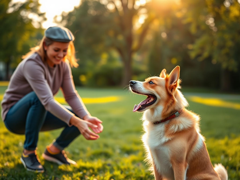 "a joyful dog and owner playing together in a sunny park" "engaged in learning commands with attentive expressions" "bonding during gentle physical exercises under warm golden light" "lush green surroundings, happy, relaxed atmosphere"