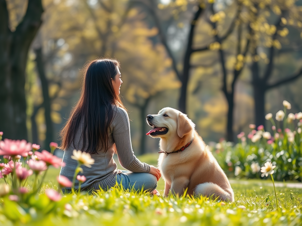 A serene woman and her dog sitting in a sunlit park, surrounded by blooming flowers and tall trees, sharing a peaceful moment.