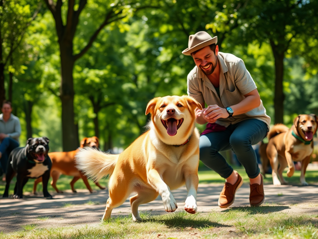 "happy dog owner" playing with "energetic dog" in a "sunny park" surrounded by "green trees," with "other dogs and owners" nearby, smiling and interacting.