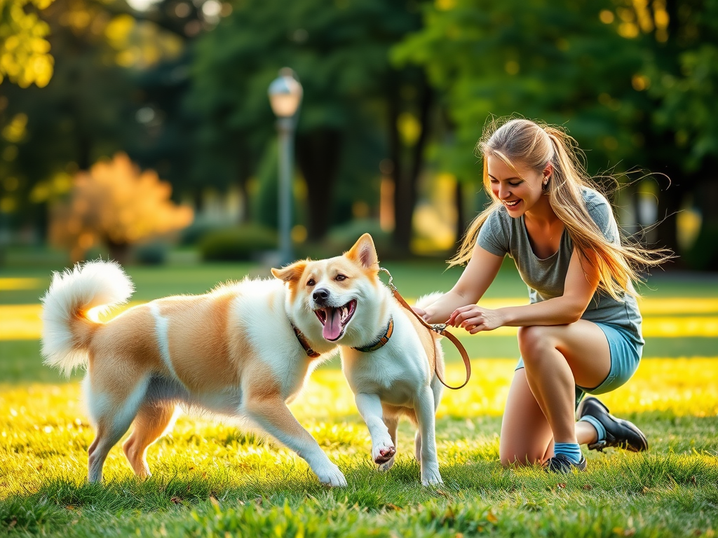 "a joyful dog and owner playing together in a sunny park" "engaged in learning commands with attentive expressions" "bonding during gentle physical exercises under warm golden light" "lush green surroundings, happy, relaxed atmosphere"