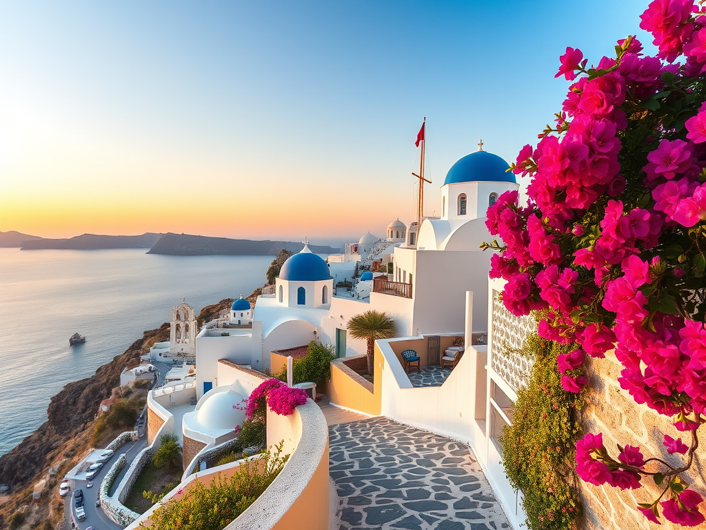 "A picturesque Santorini cliffside village" with "whitewashed houses and blue domes" under a "clear sky at sunset," "calm sea in the background," and "narrow stone pathways winding through vibrant bougainvillea."