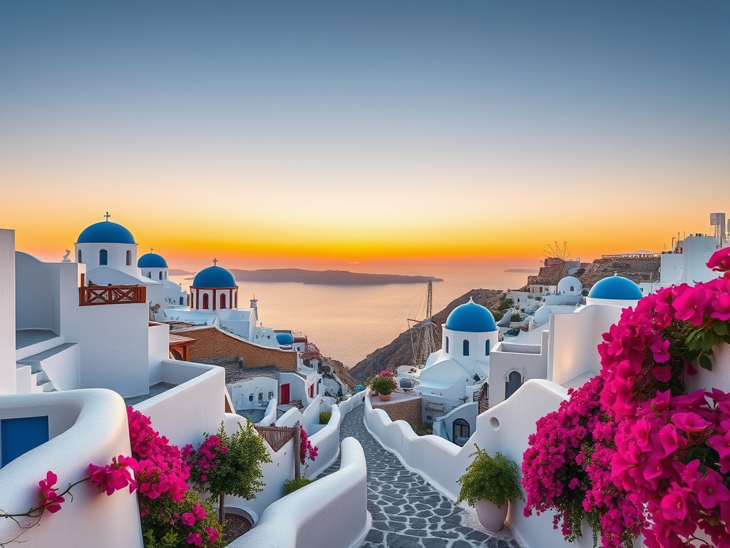 "A picturesque Santorini cliffside village" with "whitewashed houses and blue domes" under a "clear sky at sunset," "calm sea in the background," and "narrow stone pathways winding through vibrant bougainvillea."