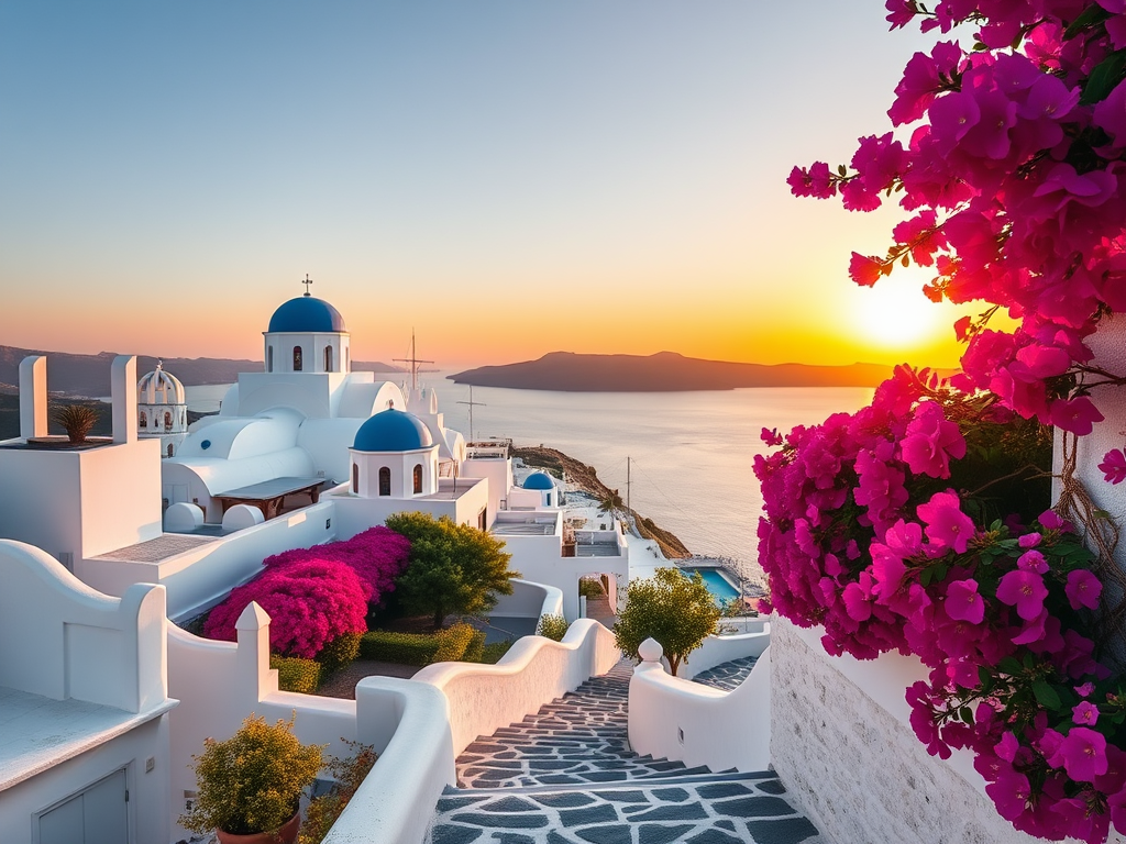 "A picturesque Santorini cliffside village" with "whitewashed houses and blue domes" under a "clear sky at sunset," "calm sea in the background," and "narrow stone pathways winding through vibrant bougainvillea."
