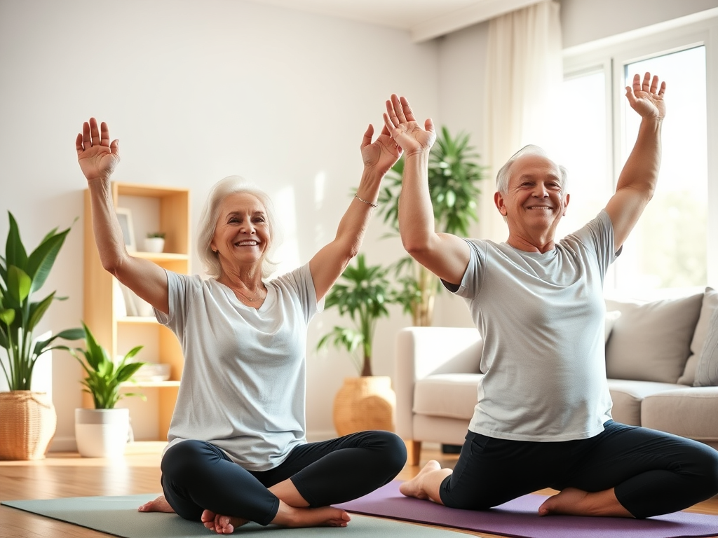 A joyful elderly couple exercising gently at home, bright living room, natural sunlight, plants, yoga mats, peaceful expressions, warm inviting atmosphere.