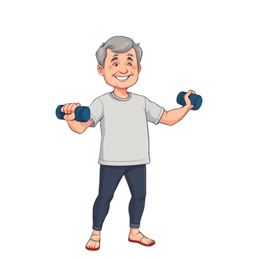 "middle-aged person" "exercising at home" "peaceful smile" "dumbbells in hand" "sunlit room" "green plants" "calm blue background" "simple furniture" "soft rug" "balanced posture"