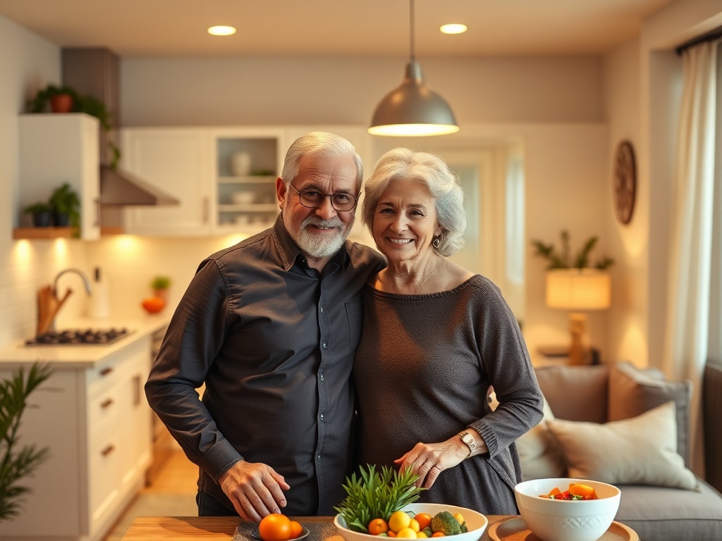 "A vibrant 50+ couple at home, vivid kitchen and living room blend, glowing vitality, balanced meals, light strength training, gut-brain aura softly shimmering above." You MAY only use up to 25 words.