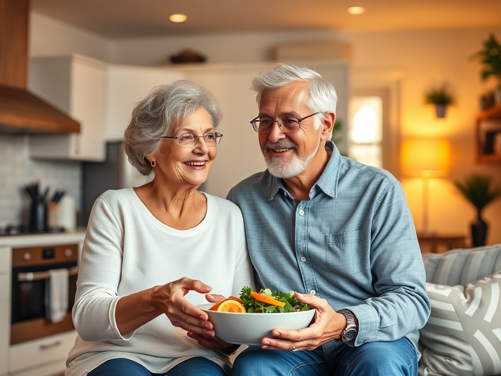 "A vibrant 50+ couple at home, vivid kitchen and living room blend, glowing vitality, balanced meals, light strength training, gut-brain aura softly shimmering above." You MAY only use up to 25 words.