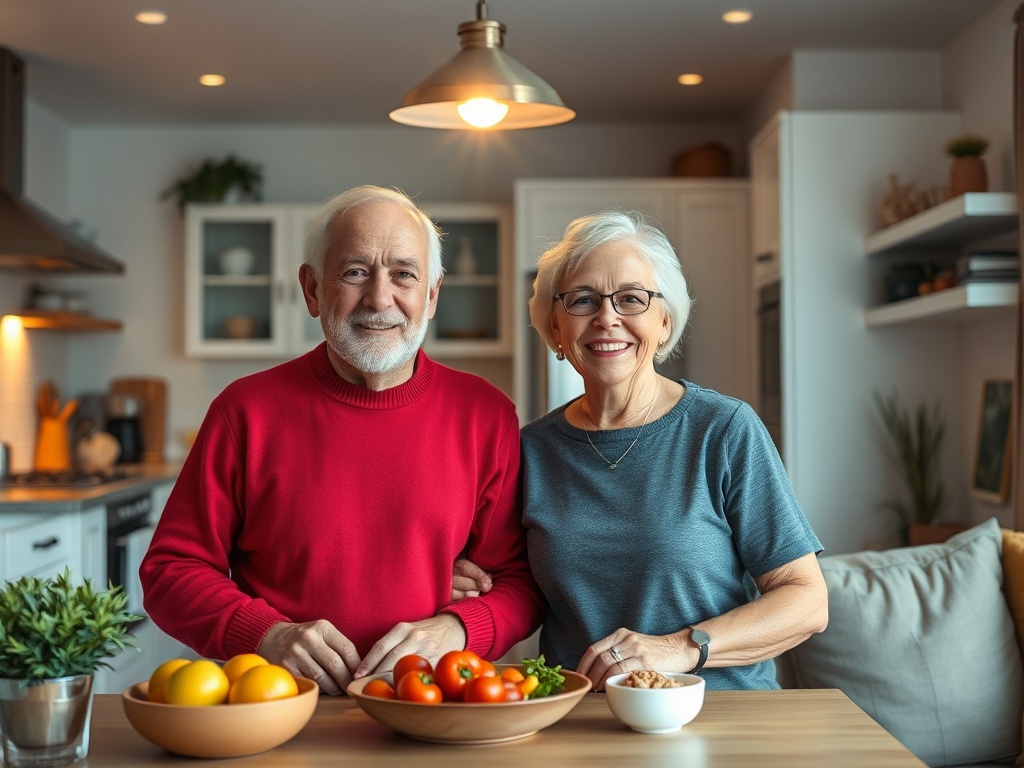 "A vibrant 50+ couple at home, vivid kitchen and living room blend, glowing vitality, balanced meals, light strength training, gut-brain aura softly shimmering above." You MAY only use up to 25 words.
