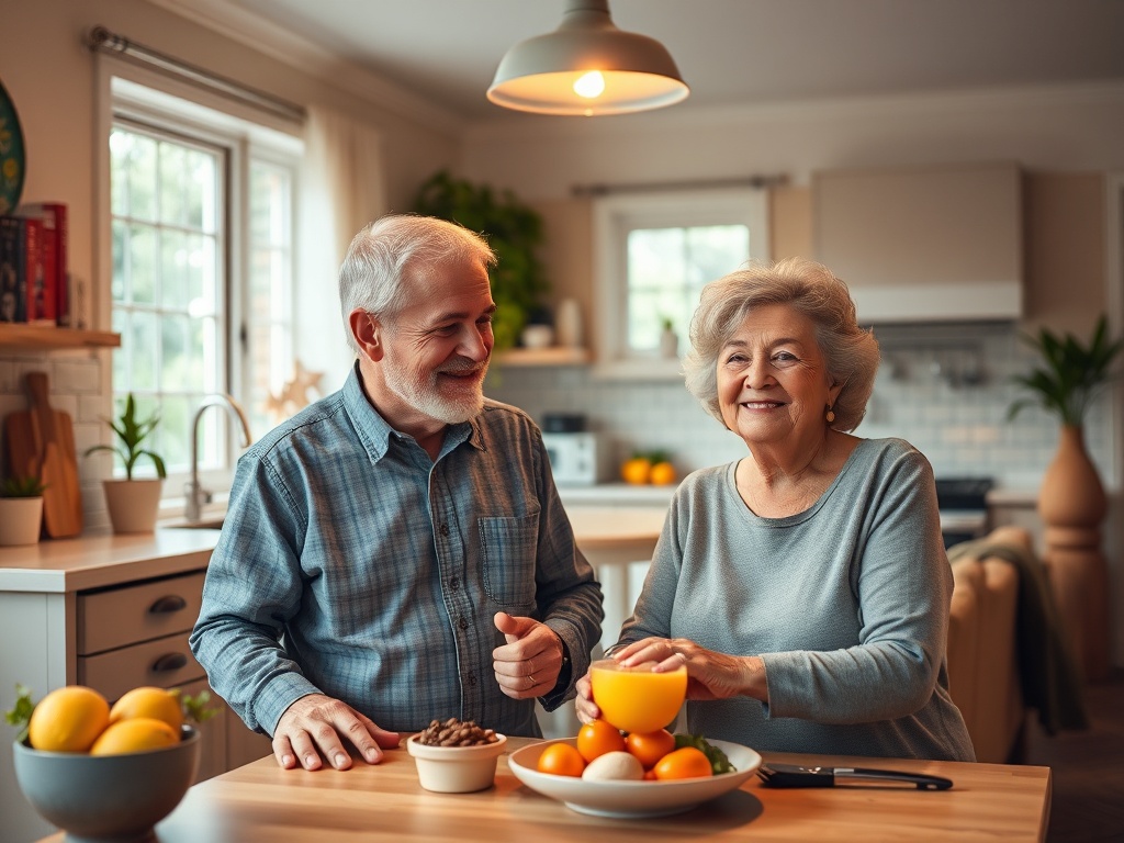 "A vibrant 50+ couple at home, vivid kitchen and living room blend, glowing vitality, balanced meals, light strength training, gut-brain aura softly shimmering above." You MAY only use up to 25 words.