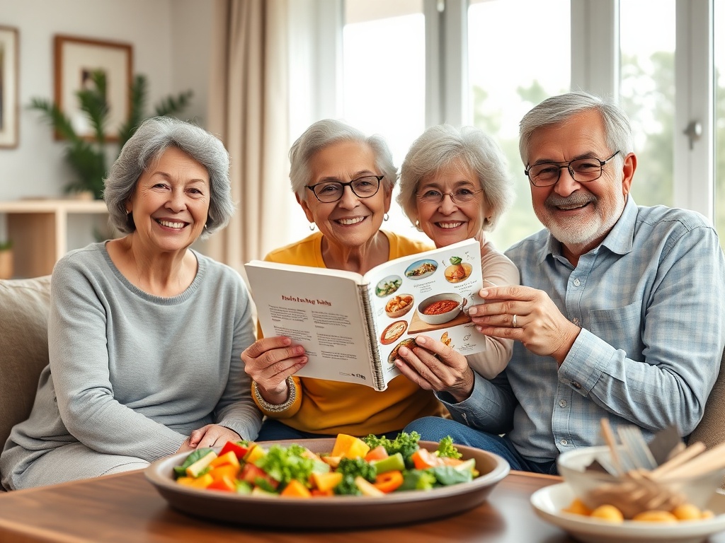 "Warm, inviting living room with three friendly 50+ adults smiling, holding an illustrated cookbook-like ebook, natural light, healthy meal on table."