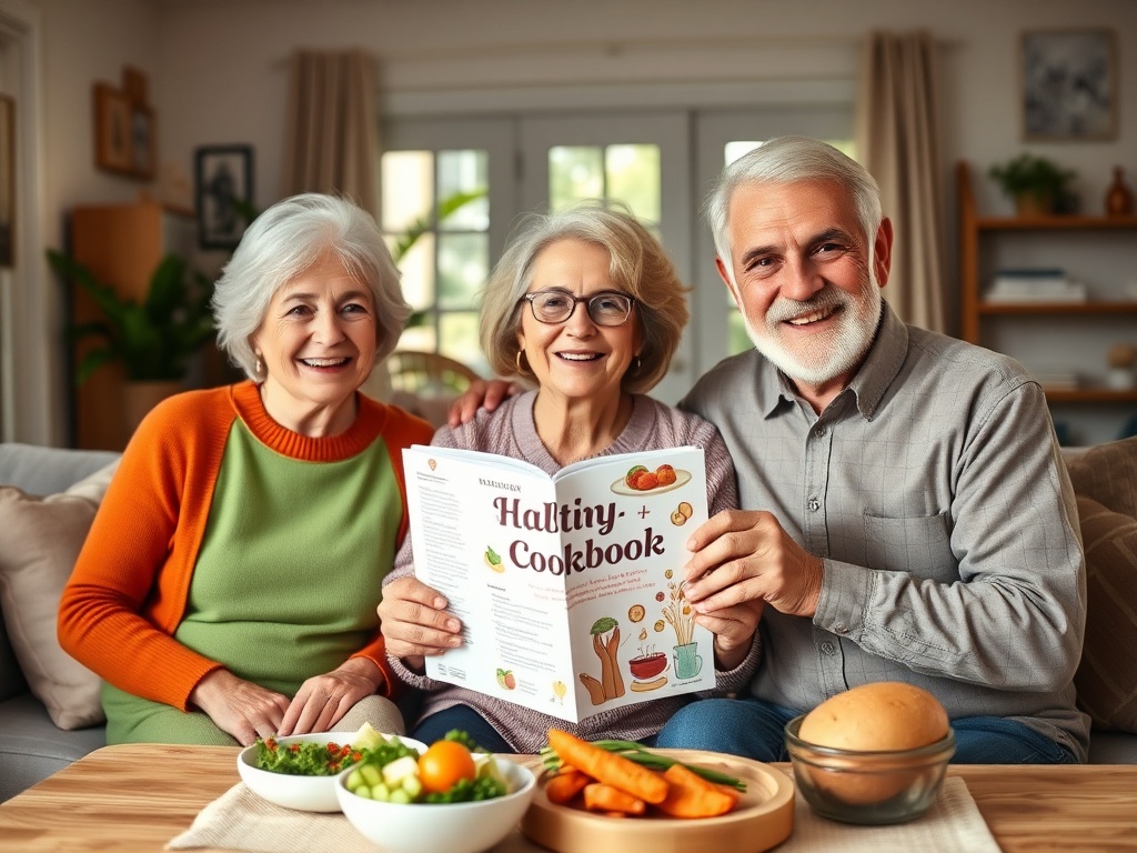 "Warm, inviting living room with three friendly 50+ adults smiling, holding an illustrated cookbook-like ebook, natural light, healthy meal on table."