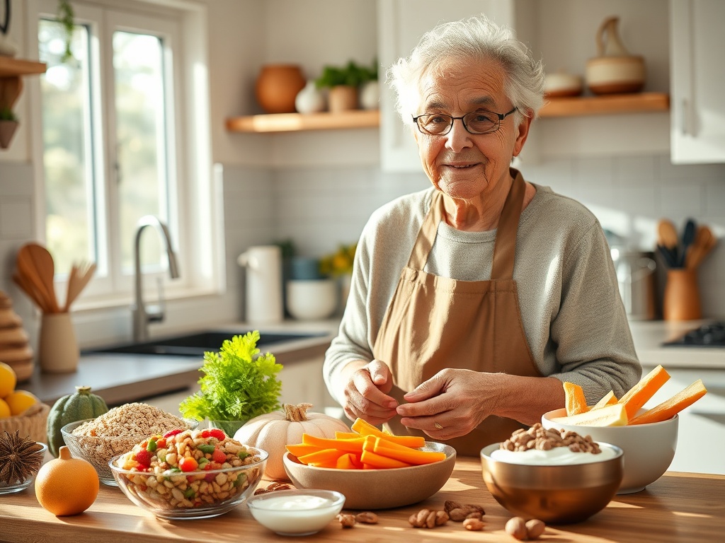 A warm kitchen scene with an older adult preparing a colorful balanced meal, sunlight on whole grains, vegetables, nuts, and yogurt bowls, calm confident mood, health-focused.