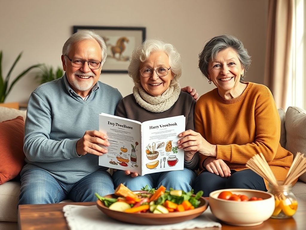 "Warm, inviting living room with three friendly 50+ adults smiling, holding an illustrated cookbook-like ebook, natural light, healthy meal on table."