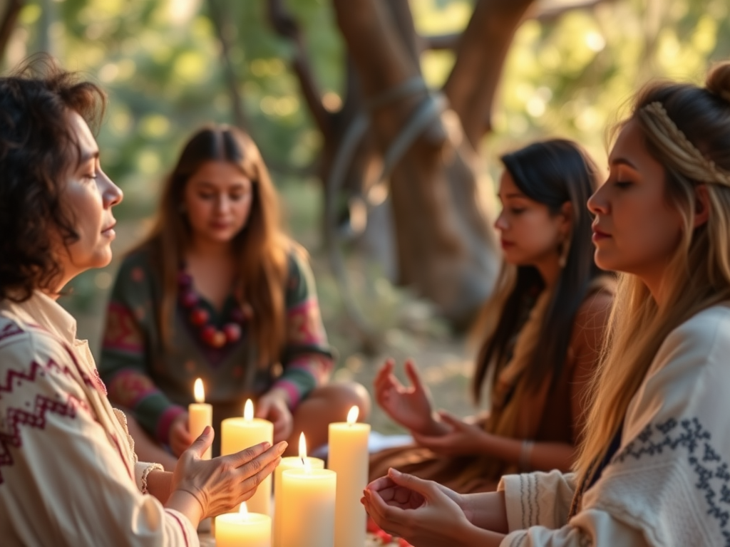 "a serene spiritual ceremony" "people connecting with ancestors" "soft glowing candles" "traditional Winti symbols subtly integrated" "calm natural environment" "gentle warm light" "peaceful faces in reflection and meditation"
