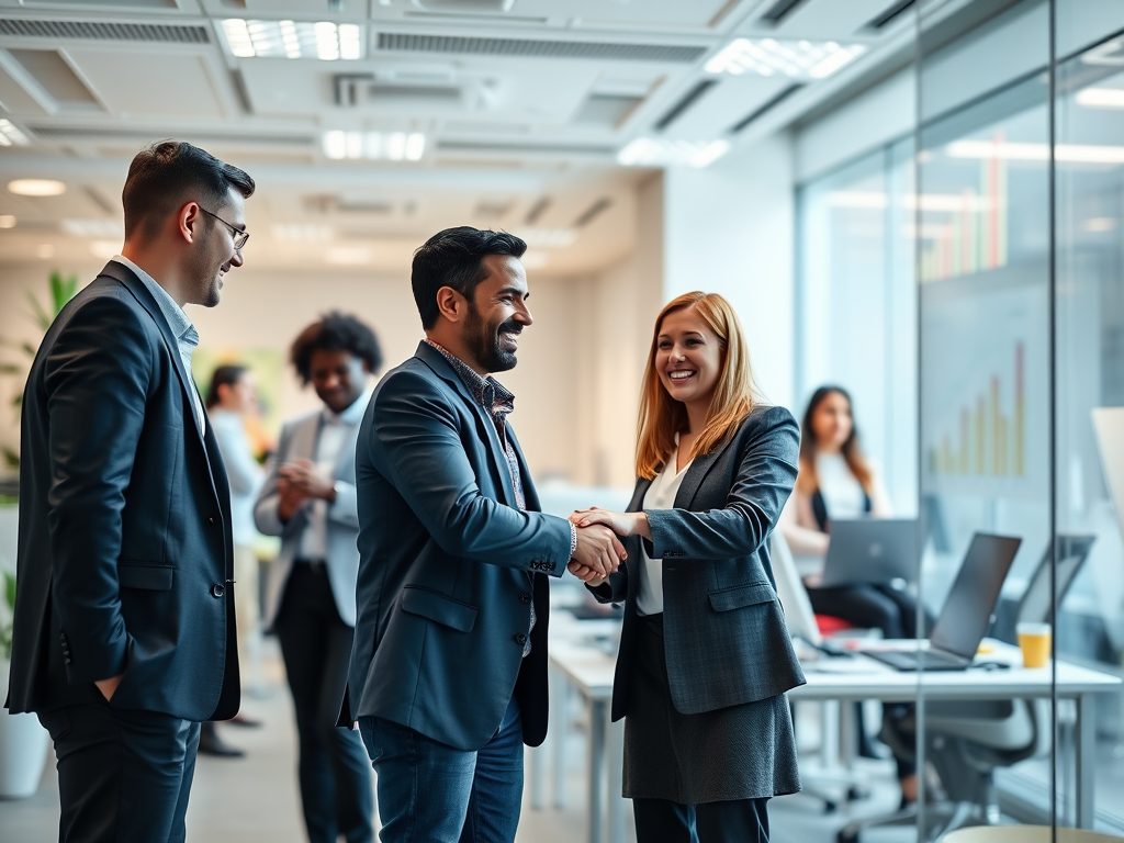 "modern office" "diverse professionals shaking hands" "bright startup environment" "team collaboration" "innovative technology devices" "dynamic growth charts"