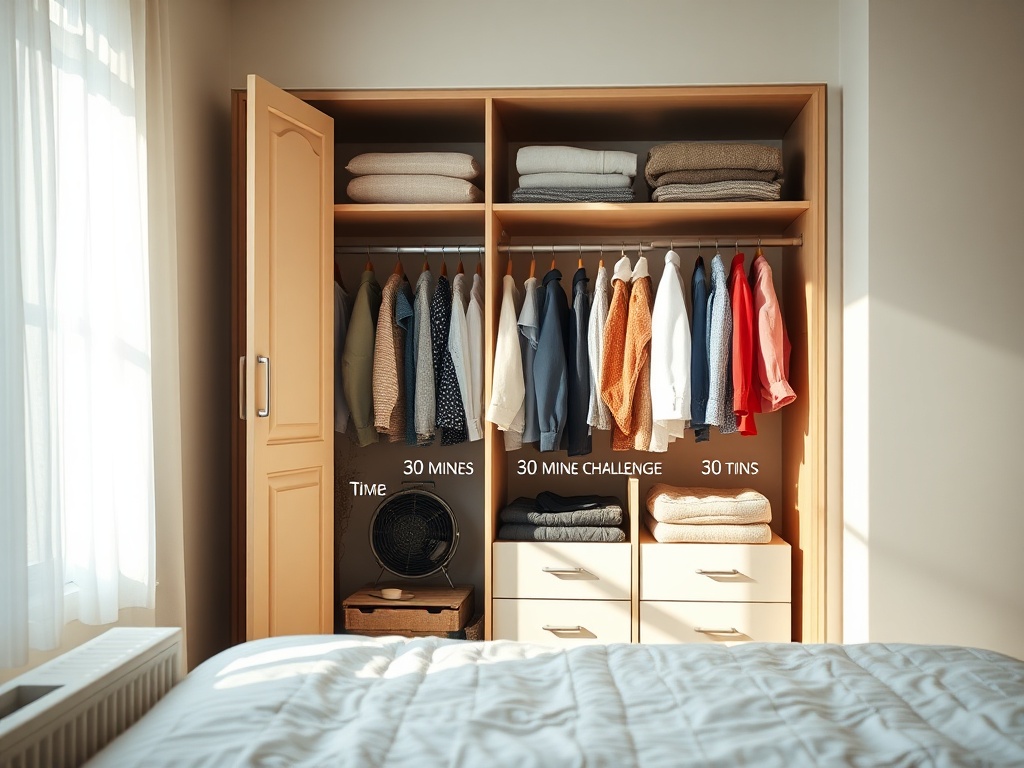 A serene, sunlit bedroom corner with an open wardrobe revealing neatly organized clothes, labeled 30-minute challenge zones, subtle scale of time icons.