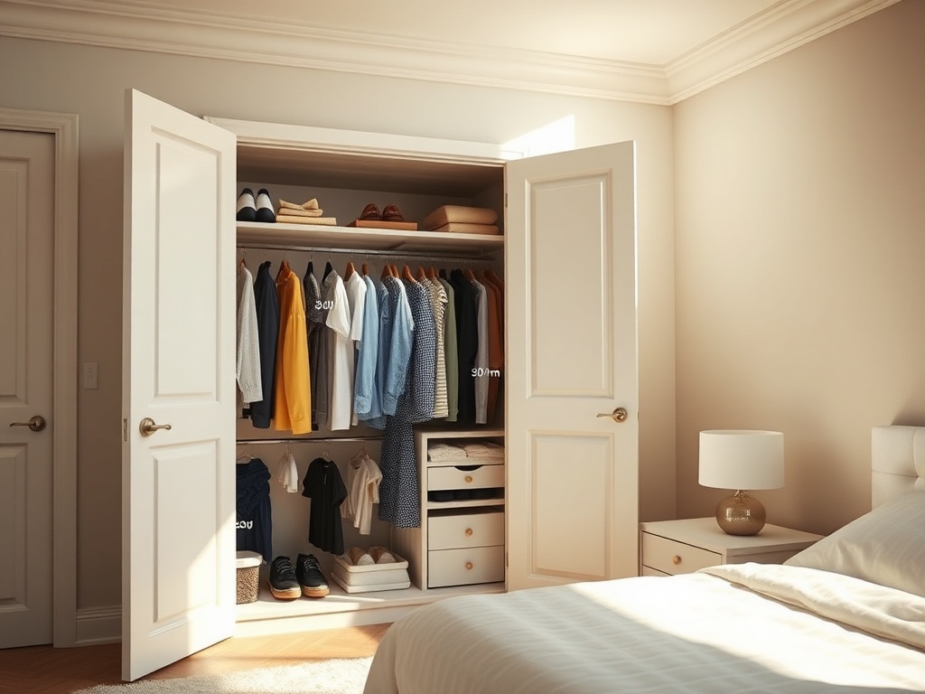 A serene, sunlit bedroom corner with an open wardrobe revealing neatly organized clothes, labeled 30-minute challenge zones, subtle scale of time icons.
