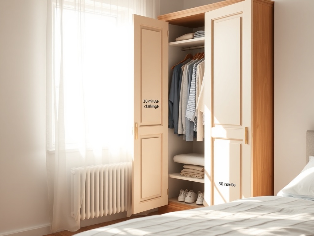 A serene, sunlit bedroom corner with an open wardrobe revealing neatly organized clothes, labeled 30-minute challenge zones, subtle scale of time icons.