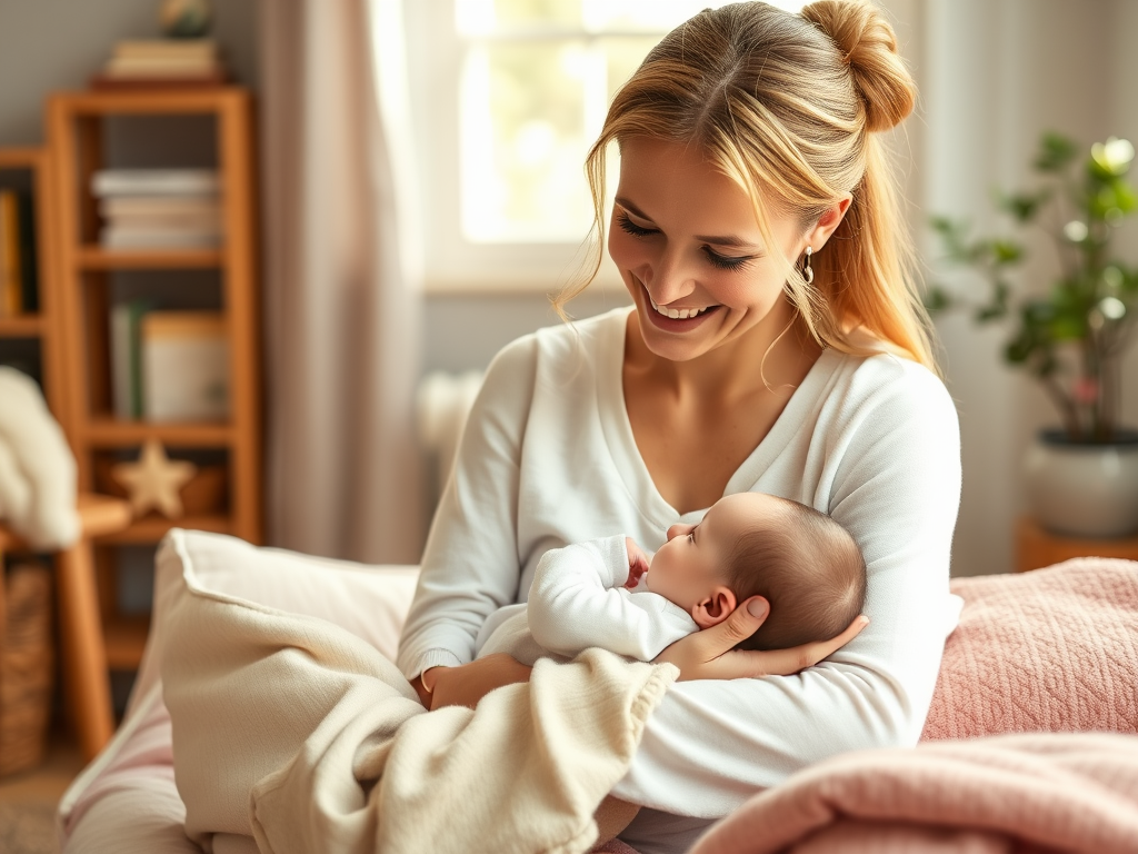 A warm, nurturing scene with "a mother breastfeeding her baby" in a cozy room, soft natural light, "gentle smiles," pastel colors, calm and supportive atmosphere.