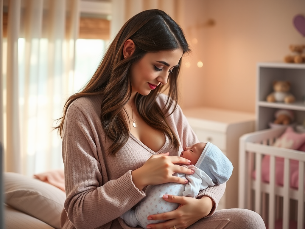 A serene mother gently breastfeeding her newborn in a softly lit nursery, surrounded by calming pastel colors, nurturing warmth, and peaceful expressions.