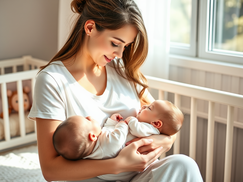 A serene mother breastfeeding her baby in a cozy nursery, soft natural light, gentle skin contact, peaceful expressions, warm colors, tender connection.