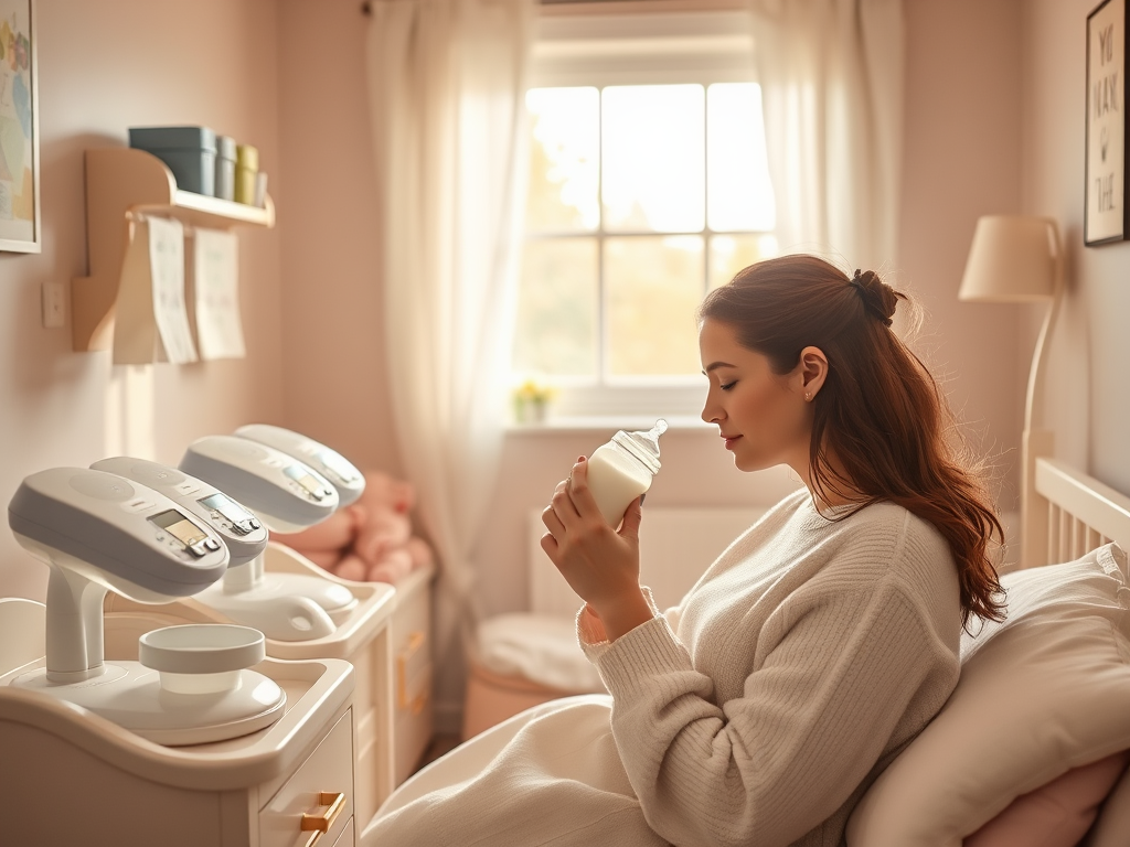 A serene, warm nursery with soft natural light, a mother gently holding a baby bottle, surrounded by breast pumps, milk storage bags, and soothing pastel colors.