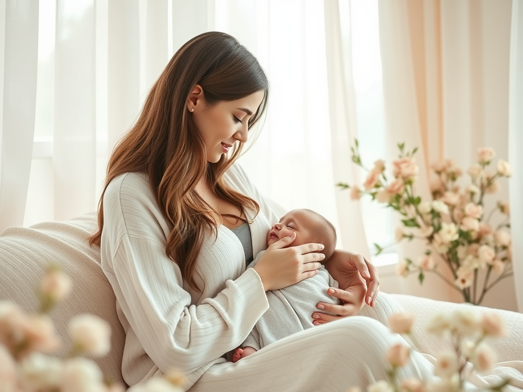 A serene mother gently breastfeeding her baby in a cozy, softly lit room, surrounded by soothing pastel colors and subtle nature elements like blooming flowers.