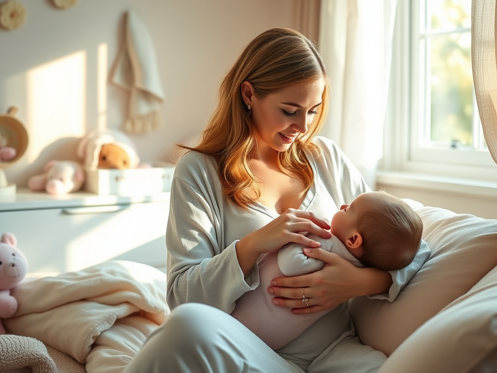 A serene mother breastfeeding her relaxed baby in a cozy, softly lit nursery with gentle pastel colors, warm sunlight filtering through a window, peaceful and loving atmosphere.