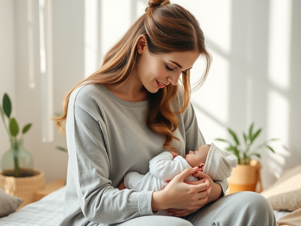 "a peaceful mother breastfeeding her baby" "soft pastel colors" "gentle natural light" "calm, supportive atmosphere" "warm cozy home setting"
