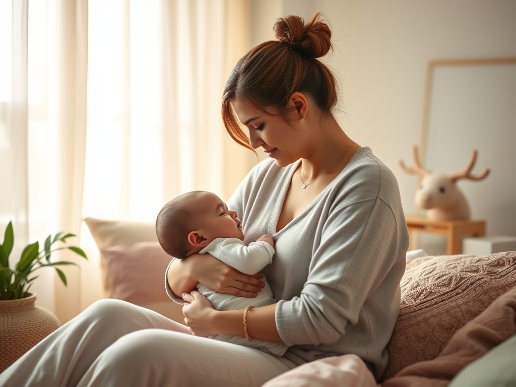 A nurturing mother breastfeeding her baby in a cozy, softly lit room, surrounded by gentle pastel colors and calming natural elements, warm and supportive atmosphere.