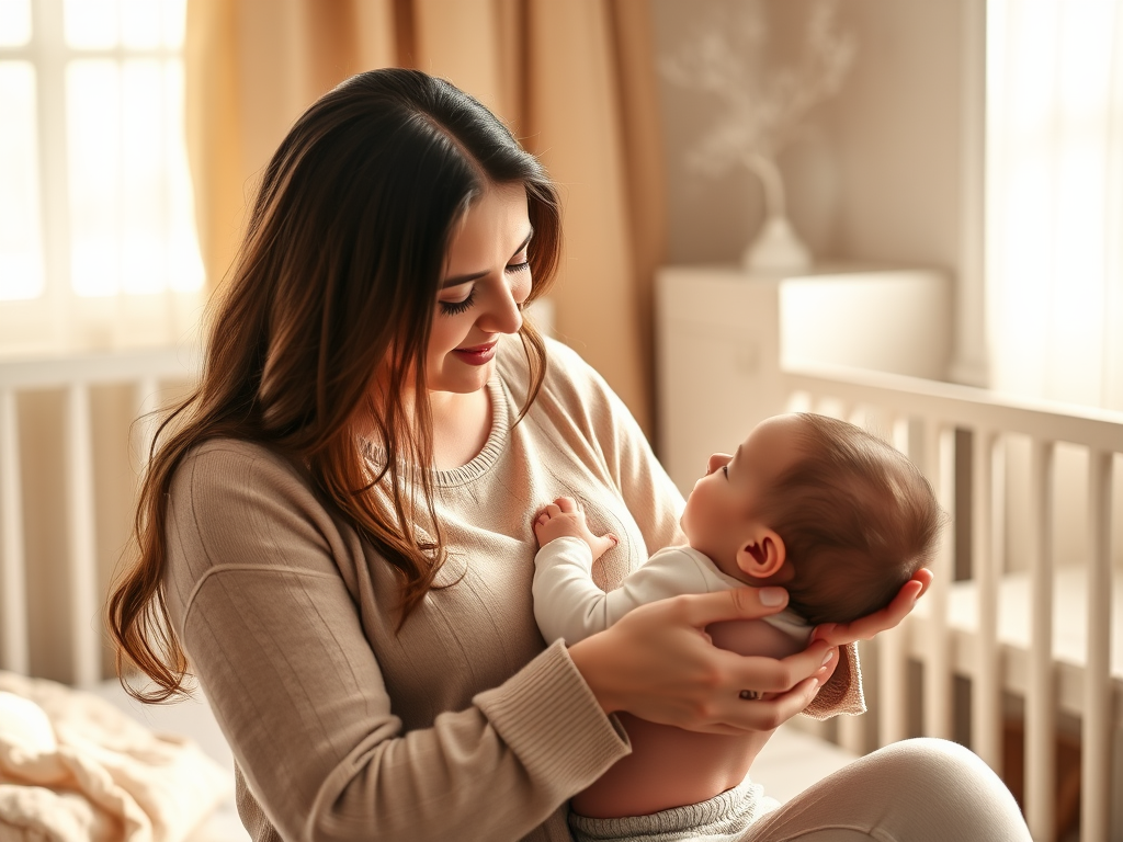 A serene mother breastfeeding her baby in a cozy nursery, soft natural light, gentle skin contact, peaceful expressions, warm colors, tender connection.