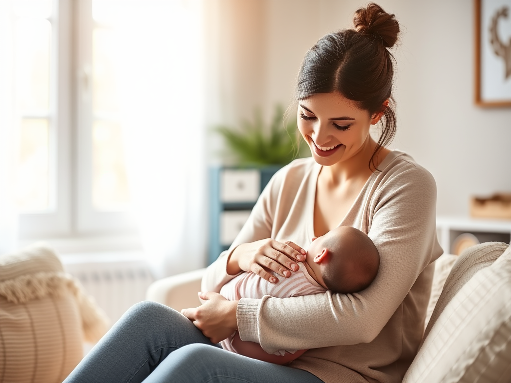 A warm, nurturing scene with "a mother breastfeeding her baby" in a cozy room, soft natural light, "gentle smiles," pastel colors, calm and supportive atmosphere.