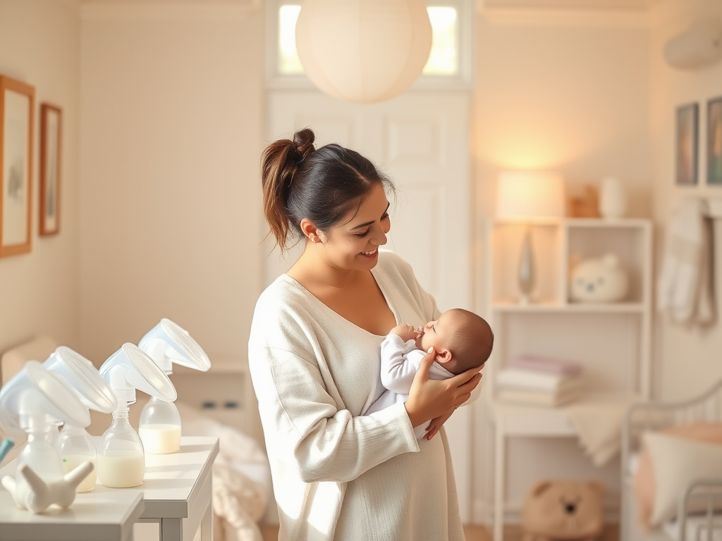 A serene, warm nursery with soft natural light, a mother gently holding a baby bottle, surrounded by breast pumps, milk storage bags, and soothing pastel colors.