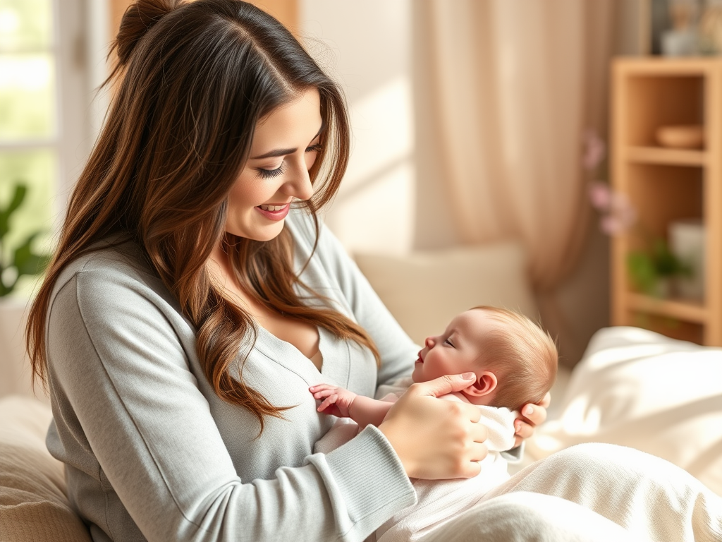 A warm, nurturing scene with "a mother breastfeeding her baby" in a cozy room, soft natural light, "gentle smiles," pastel colors, calm and supportive atmosphere.