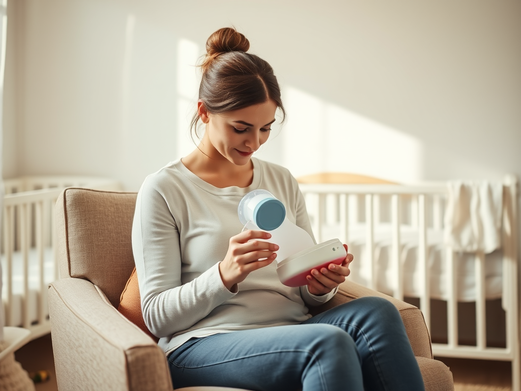 "Mother sitting comfortably" "Using a breast pump" "Soft natural lighting" "Cozy nursery background" "Baby crib nearby" "Calm, serene atmosphere"