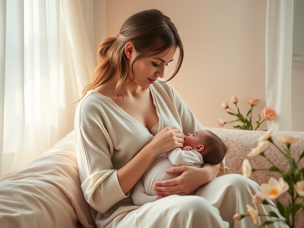 A serene mother gently breastfeeding her baby in a cozy, softly lit room, surrounded by soothing pastel colors and subtle nature elements like blooming flowers.