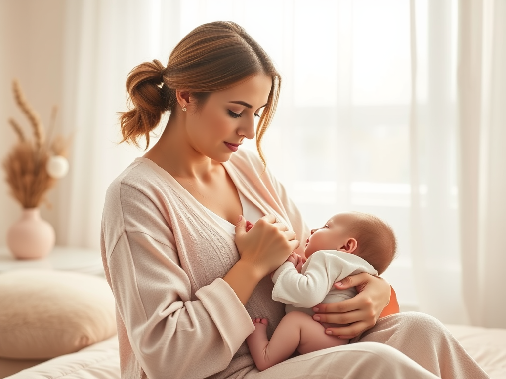 A serene mother breastfeeding her baby in a softly lit room, surrounded by gentle pastel colors, nurturing warmth, and peaceful expressions.