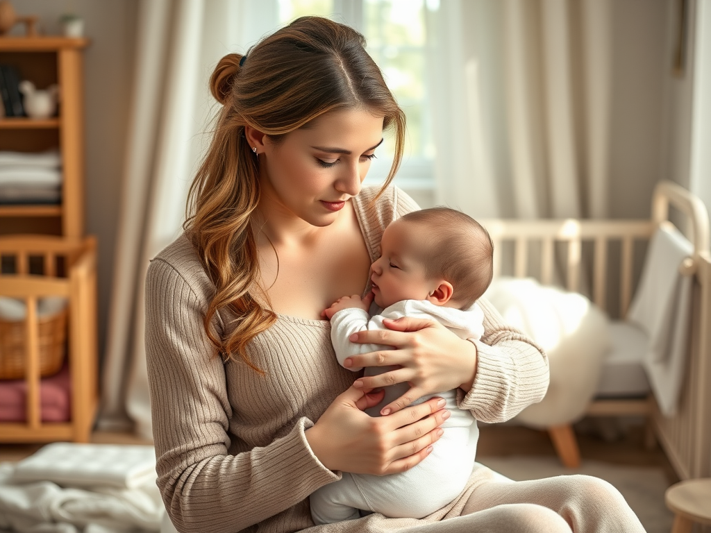 A serene mother breastfeeding her baby in a cozy nursery, soft natural light, gentle skin contact, peaceful expressions, warm colors, tender connection.