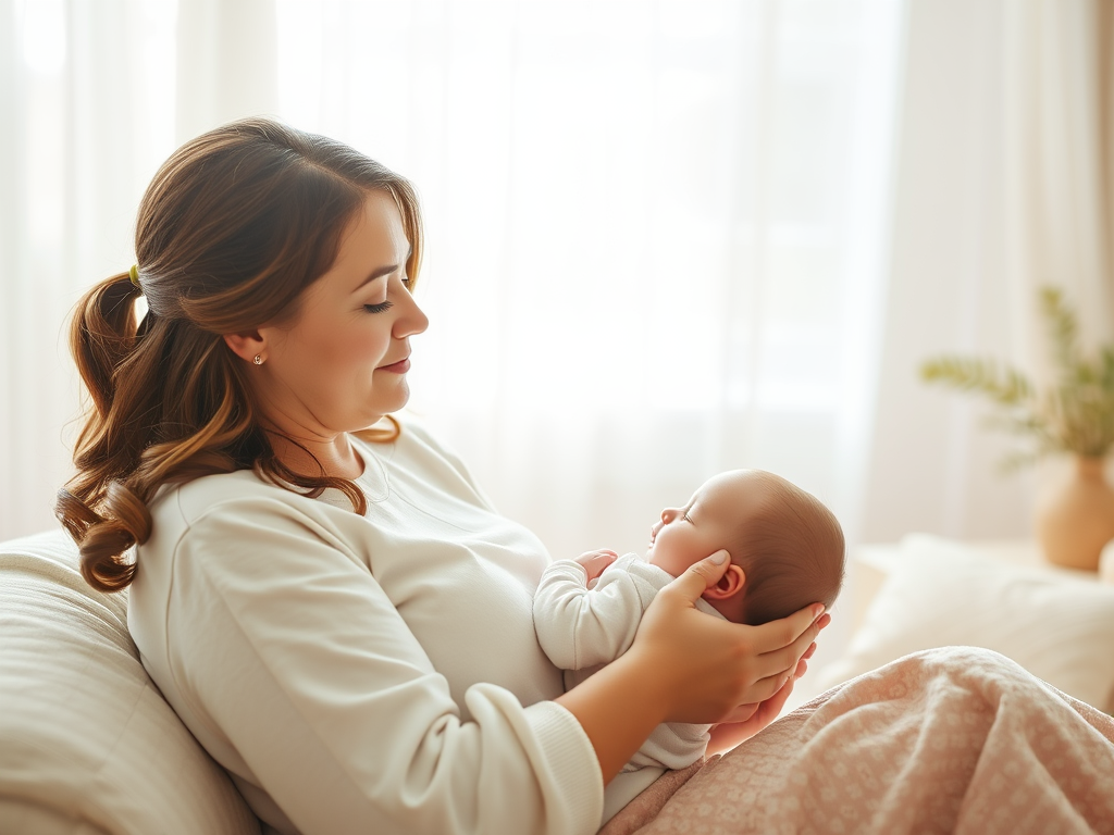 A serene mother breastfeeding her baby in a softly lit room, surrounded by gentle pastel colors, nurturing warmth, and peaceful expressions.